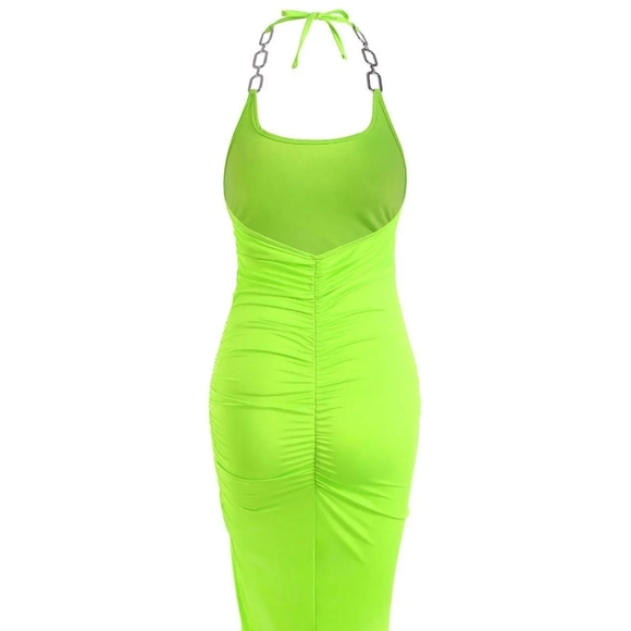 Zaful Neon Green Neon Yellow Chain Halter Bodycon Dress - Picture 2 of 4